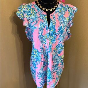 Lilly Pulitzer Pink Pineapple Flutter-Sleeve Button Front Top